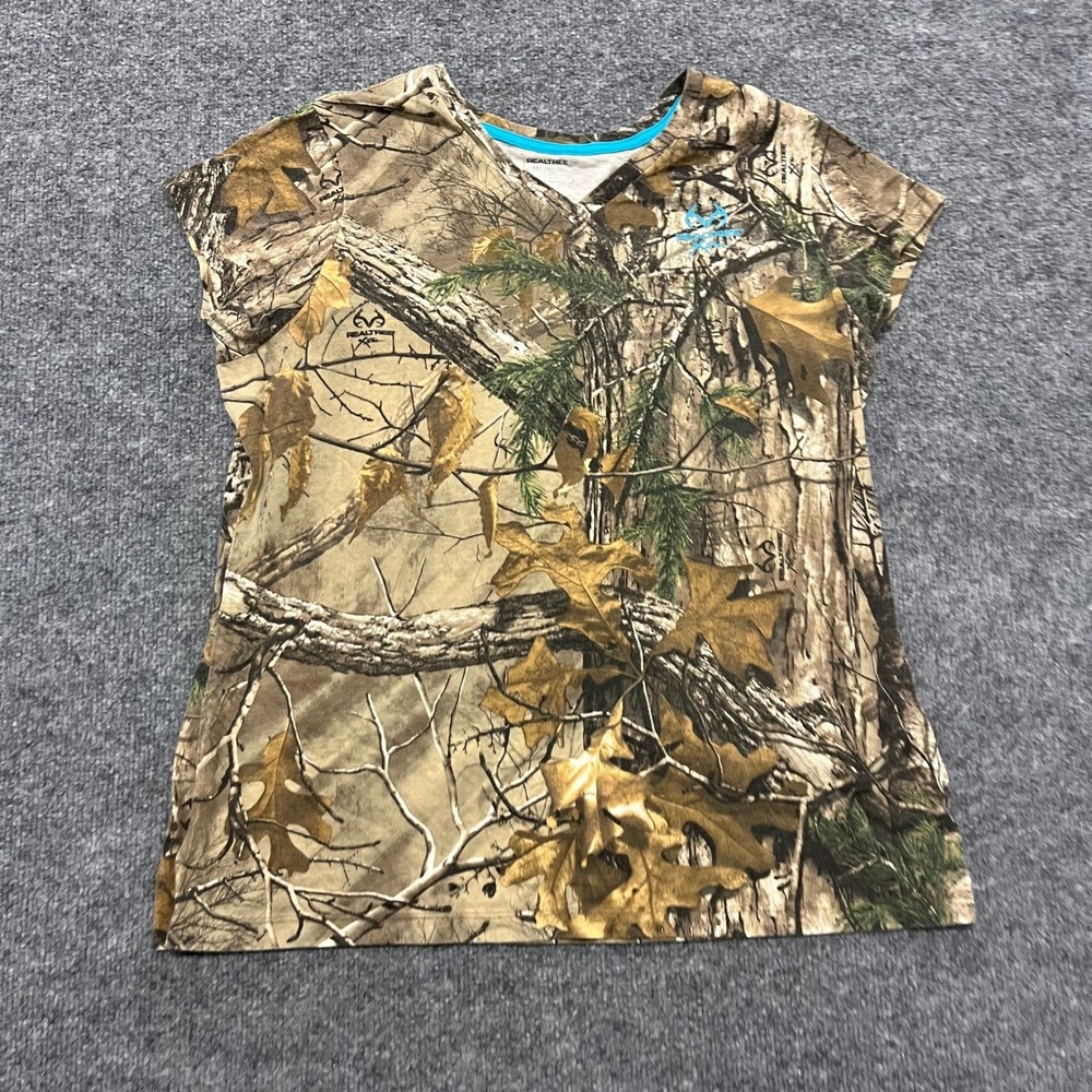 Realtree T-Shirt Womens Size XXL Brown Camo V-Neck Short Sleeve Outdoor Hunting